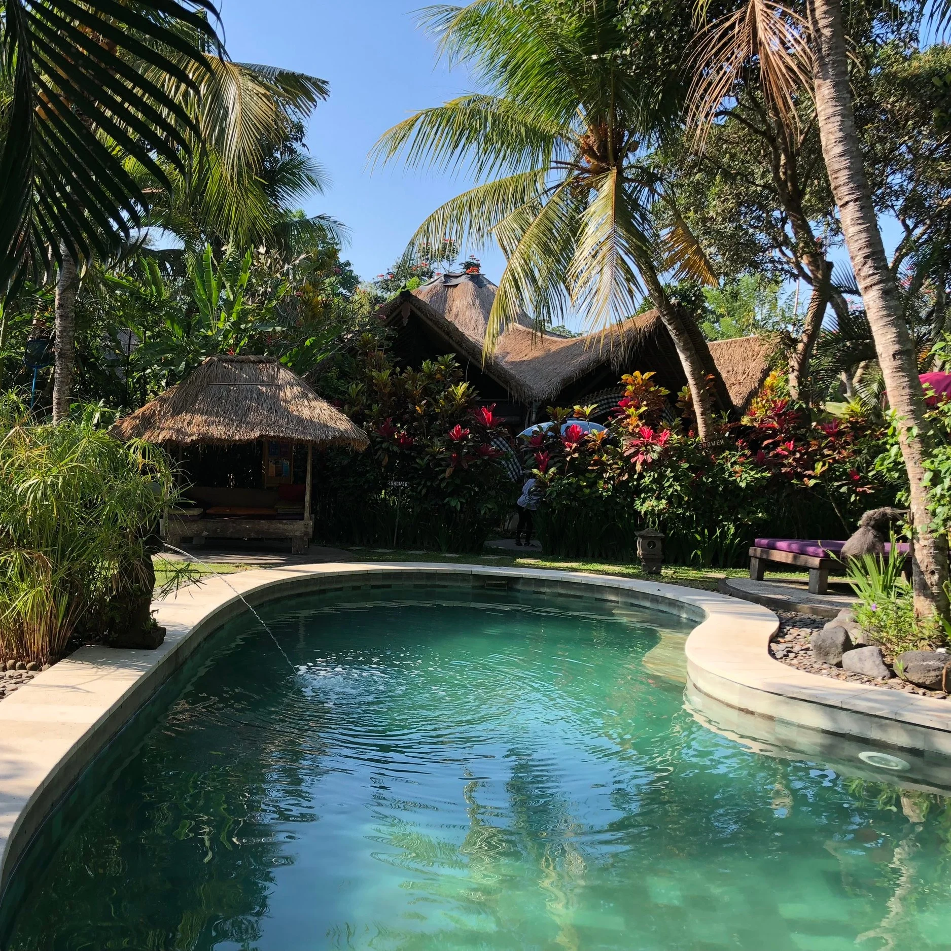 The resort pool surrounded by palms and Balinese thatched cottages